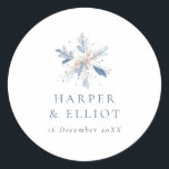 Modern Blue Snowflake Winter Wedding Classic Round Sticker<br><div class="desc">Modern Blue Snowflake Winter Wedding Stickers.  Personalize with your names and wedding date. Use on favors or envelope seals.</div>