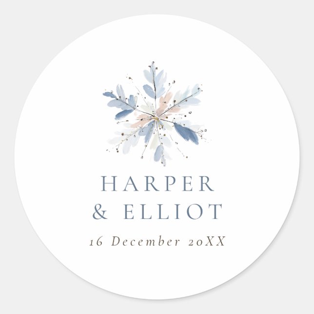 Modern Blue Snowflake Winter Wedding Classic Round Sticker (Front)