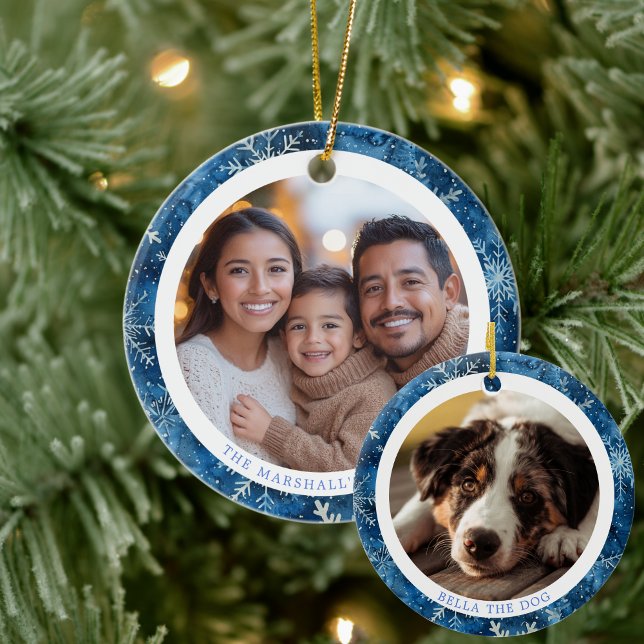 Modern Blue Snowflakes Family Christmas 2 Photos Ceramic Ornament (Modern Blue Snowflakes Family Christmas 2 Photos Ceramic Ornament)