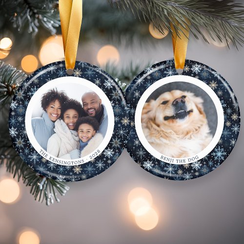 Modern Blue Snowflakes Family Christmas 2 Photos Ceramic Ornament