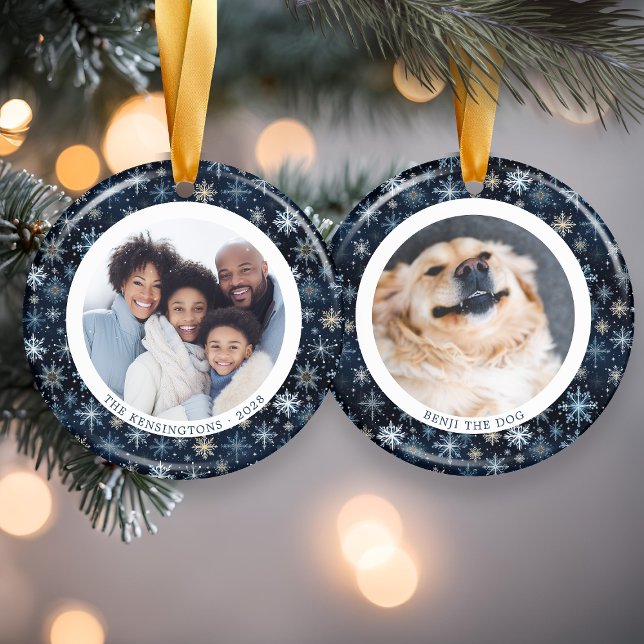 Modern Blue Snowflakes Family Christmas 2 Photos Ceramic Ornament (Modern Blue Snowflakes Family Christmas 2 Photos Ceramic Ornament)