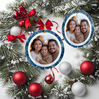 Modern Blue Snowflakes Family Christmas Photo Ceramic Ornament