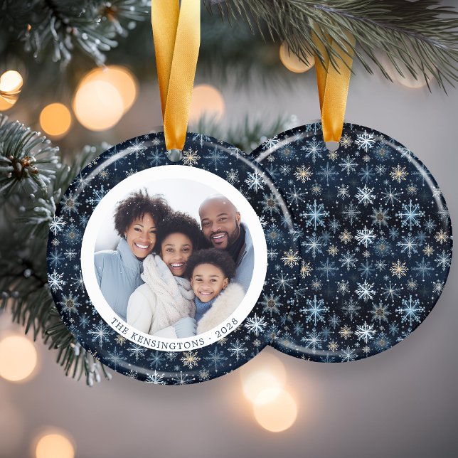 Modern Blue Snowflakes Family Christmas Photo Ceramic Ornament (Modern Blue Snowflakes Family Christmas Photo Ceramic Ornament)