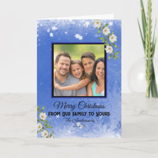 Modern Blue Snowflakes Family Photo Christmas  Card