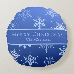 Modern Blue Snowflakes Round Pillow
