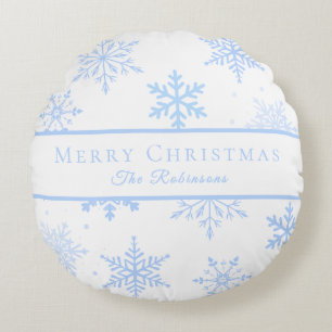 Modern Blue Snowflakes  Round Pillow