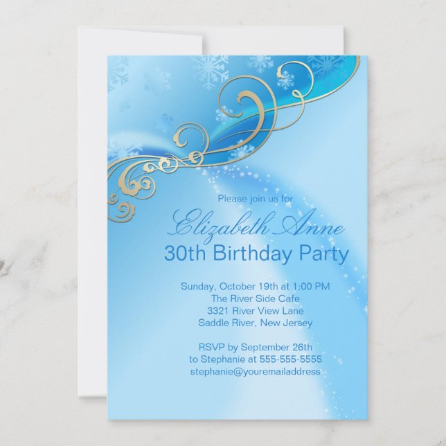 Modern Blue Snowflakes Winter Birthday Party Invitation (Front)