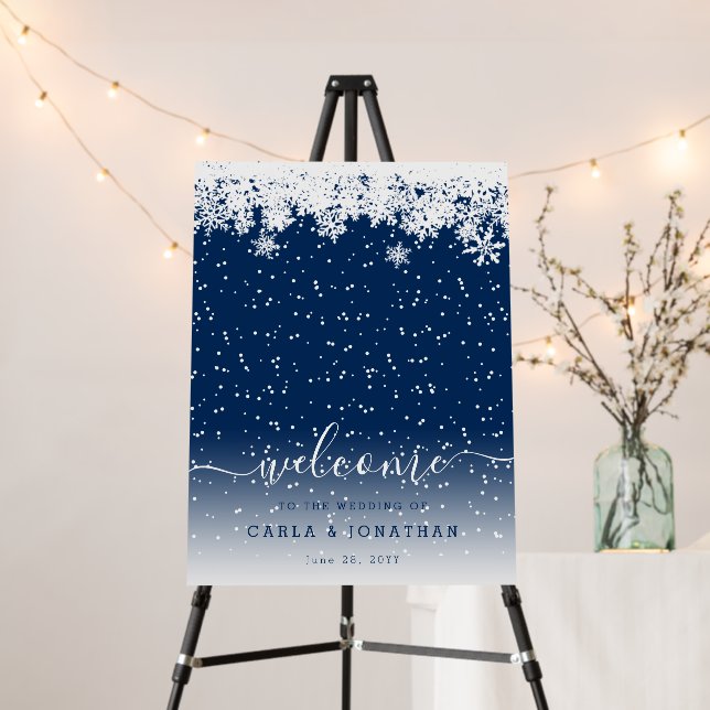 Modern Blue Snowflakes Winter Wedding Welcome Foam Board (In Situ (Stand))