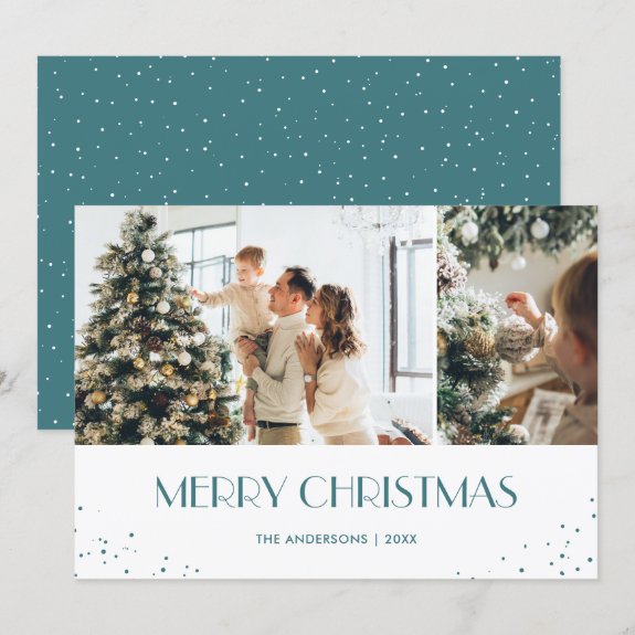 Modern Blue Snowy Merry Christmas 2 Photo Card