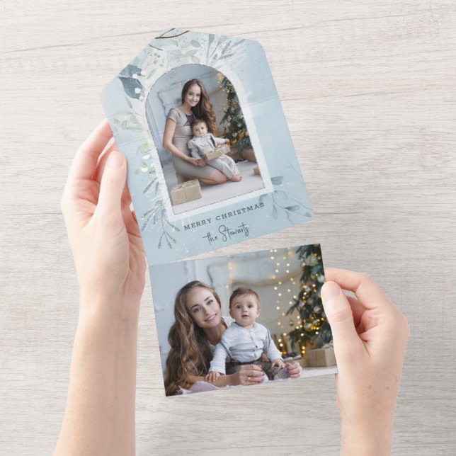 Modern Blue Sparkly Winter Botanical Arch Photo All In One Invitation (Tearaway)