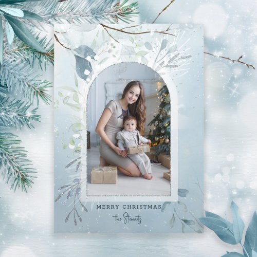 Modern Blue Sparkly Winter Botanical Arch Photo Holiday Card