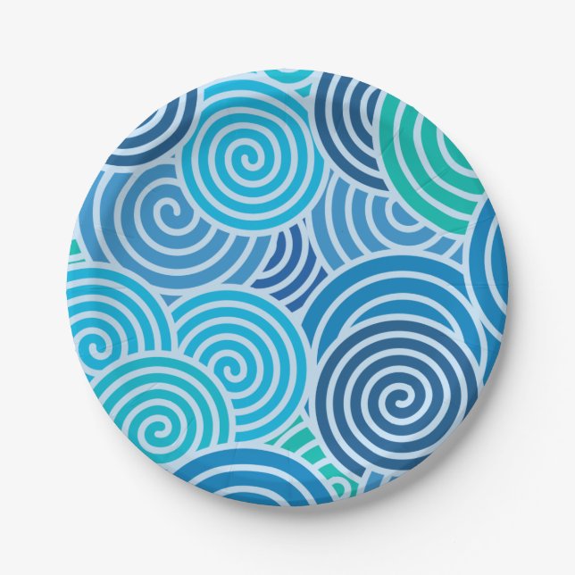 Modern Blue Spiral Pattern Paper Plates (Front)