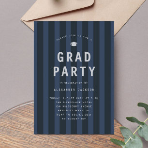 Modern Blue Sporty Stripes Graduation Party Invitation