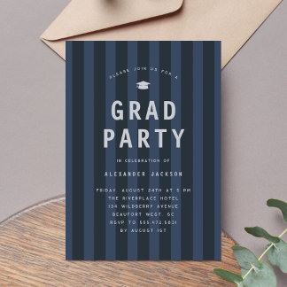 Modern Blue Sporty Stripes Graduation Party Invitation