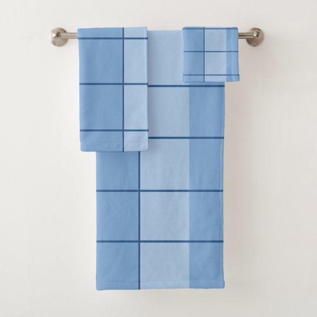 Modern Blue Square Geometric Bath Towel Set (Insitu)