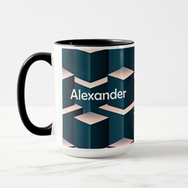 Modern Blue Square Geometric Pattern Personalize Mug (Left)