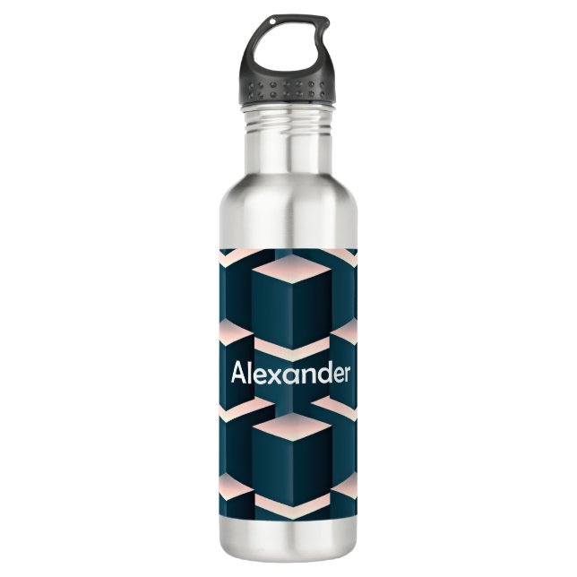 Modern Blue Square Geometric Pattern Personalize Stainless Steel Water Bottle (Front)