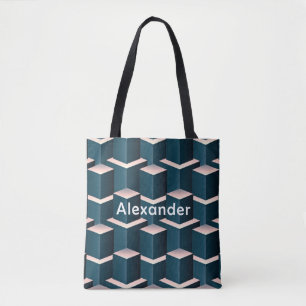 Modern Blue Square Geometric Pattern Personalize Tote Bag