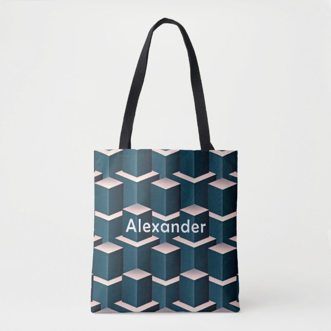 Modern Blue Square Geometric Pattern Personalize Tote Bag (Front)