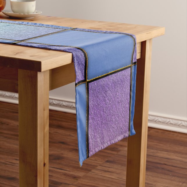 Modern Blue Square Geometric Pattern  Short Table Runner (In Situ)