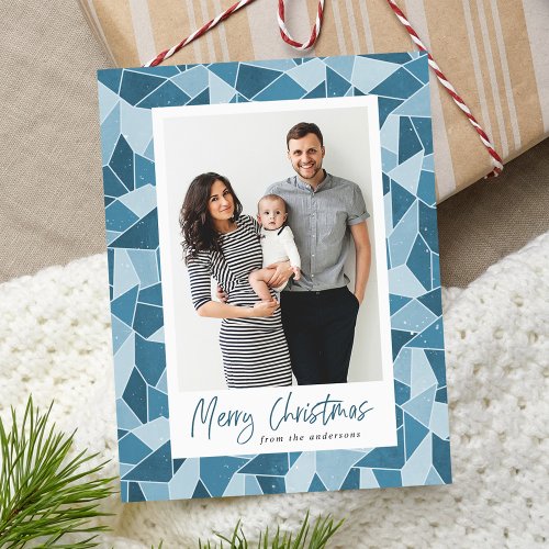 Modern Blue Stained Glass Merry Christmas Photo Holiday Postcard