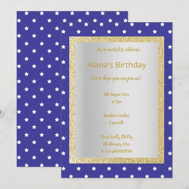 MODERN BLUE Star  ALL OCCASION PARTY Gold silver Invitation (Front/Back)