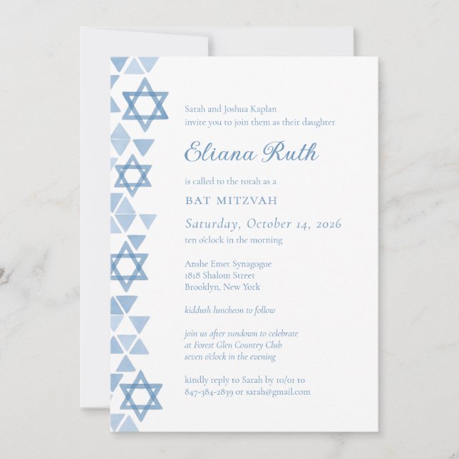 Modern Blue Star of David Bat Mitzvah  Invitation (Front)