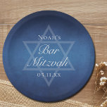 Modern Blue Star of David Formal Bar Mitzvah Party Paper Plates<br><div class="desc">Beautiful deep shades of dark blue create a texture like water on this formal Bar Mitzvah party paper plate. Elegant white minimalist script on decor with your son's name on the subtle Star of David to celebrate your Jewish son's coming of age.</div>