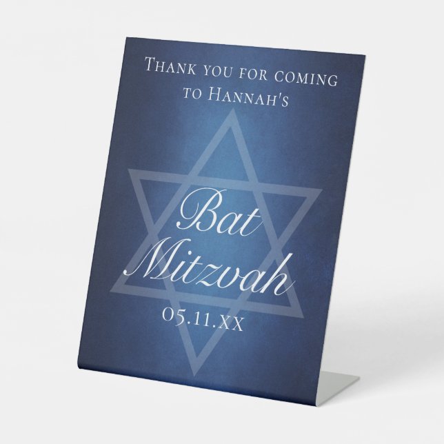 Modern Blue Star of David Formal Bat Mitzvah Party Pedestal Sign (Front)