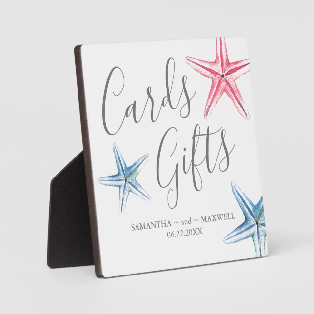 Modern Blue Starfish Beach Wedding Cards & Gifts Plaque (Front)