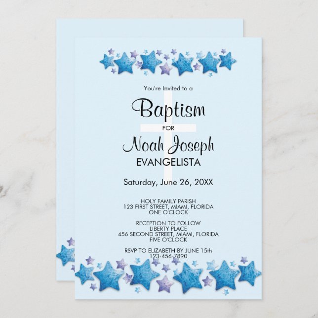 Modern Blue Stars BAPTISM Event Invitation (Front/Back)