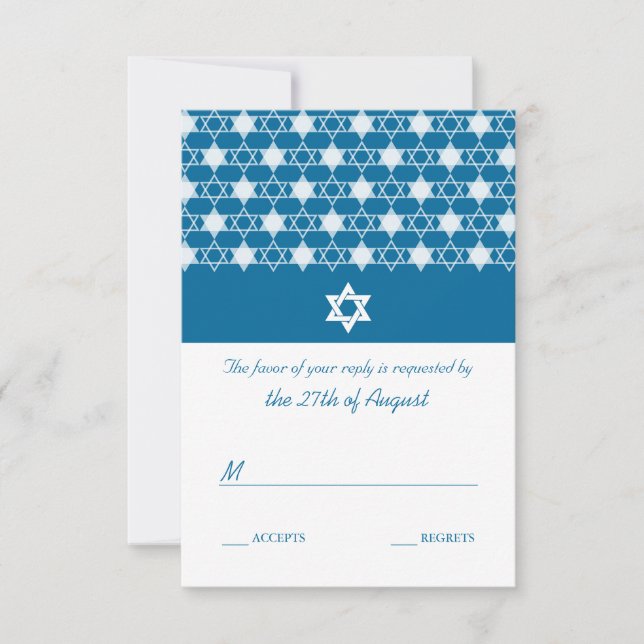 Modern Blue Stars Of David Bar Mitzvah RSVP Card (Front)