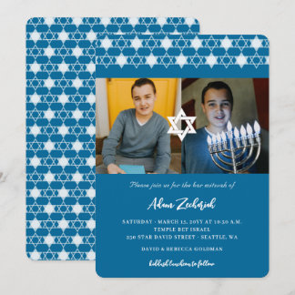Modern Blue Stars Of David Boy Bar Mitzvah 2 Photo Invitation