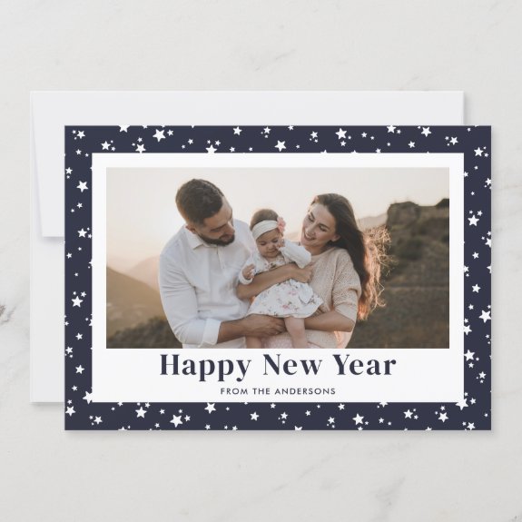 Modern Blue Stars Photo Happy New Year Card