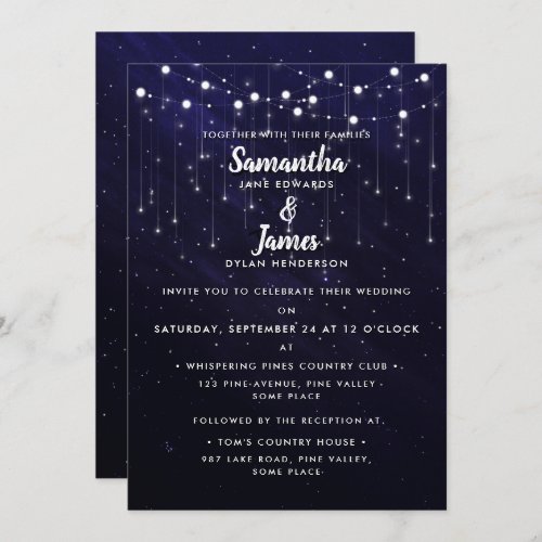 Modern Blue String Lights  Falling Stars Wedding Invitation