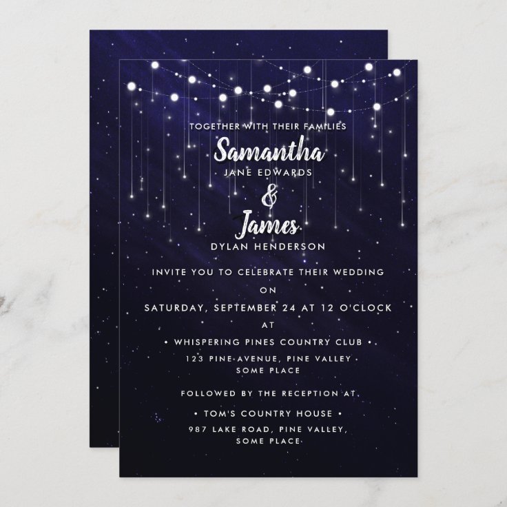 Modern Blue String Lights & Falling Stars Wedding Invitation | Zazzle