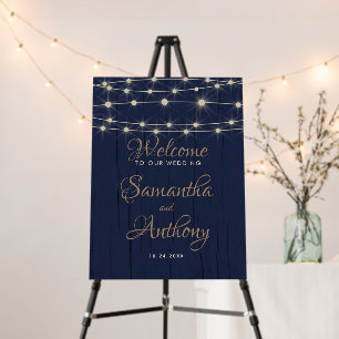 Modern Blue String Lights Wedding Welcome Foam Board