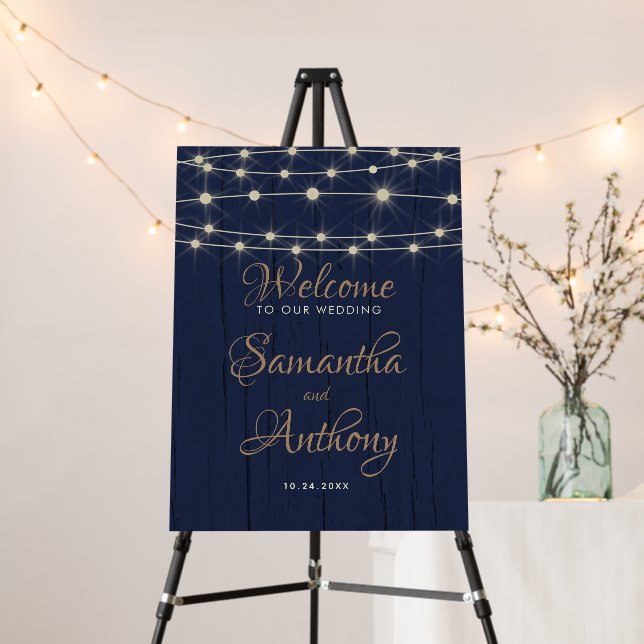 Modern Blue String Lights Wedding Welcome Foam Board (In Situ (Stand))