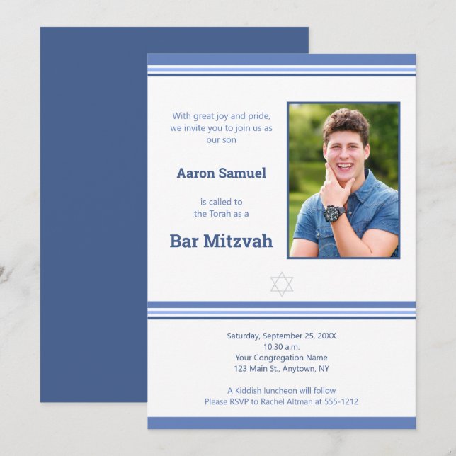Modern Blue Stripe Bar Mitzvah Photo Invitation (Front/Back)