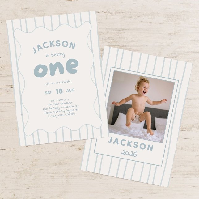 Modern Blue Stripe Fun Boy's Photo 1st Birthday Invitation (Creator Uploaded)