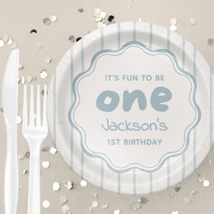 Modern Blue Stripe Fun to Be One Boy 1st Birthday Paper Plates