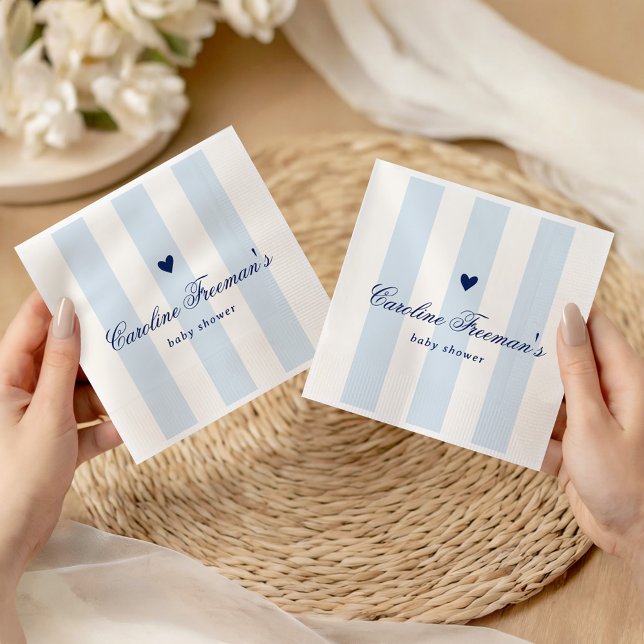 Modern Blue Stripe Heart Valentine Baby Shower Napkins (Creator Uploaded)