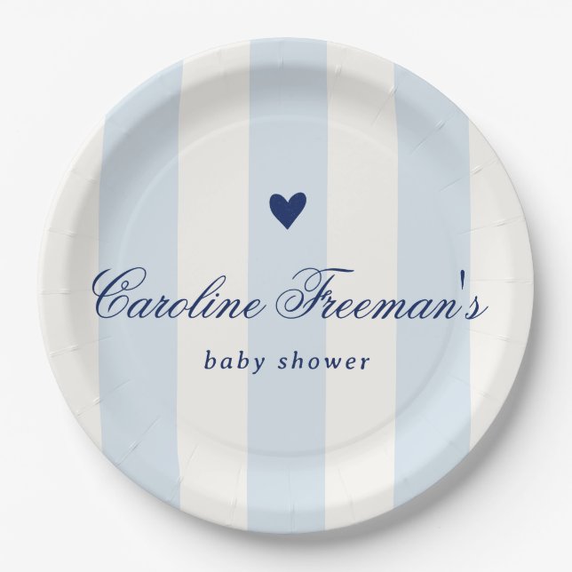 Modern Blue Stripe Heart Valentine Baby Shower Paper Plates (Front)