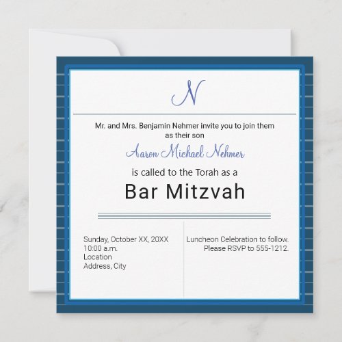 Modern Blue Stripe Monogram  Bar Mitzvah Invitation