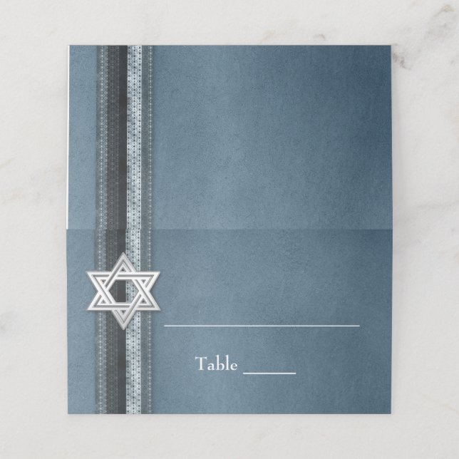 Modern Blue Striped Bar Mitzvah Place Card (Outside Unfolded)