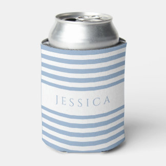 Modern Blue Striped Custom Name Can Cooler