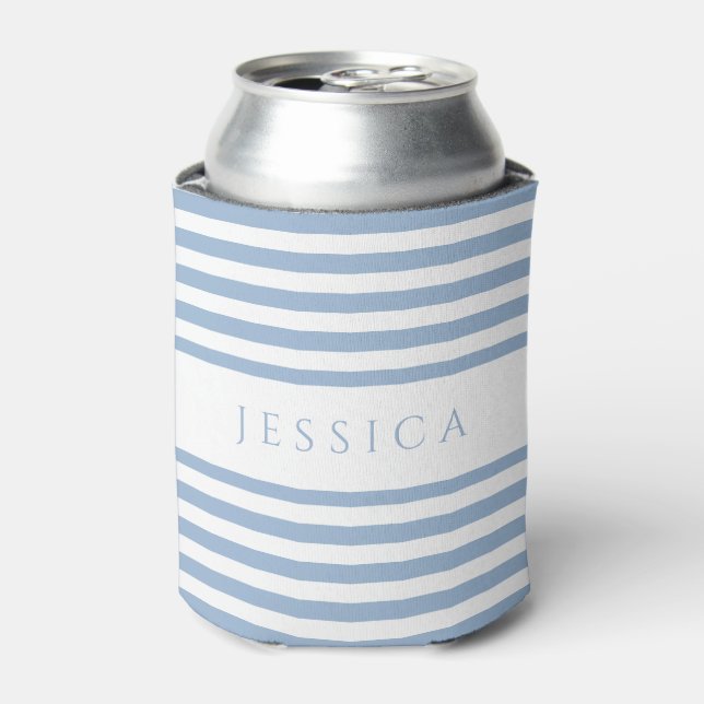 Modern Blue Striped Custom Name  Can Cooler (Can Front)