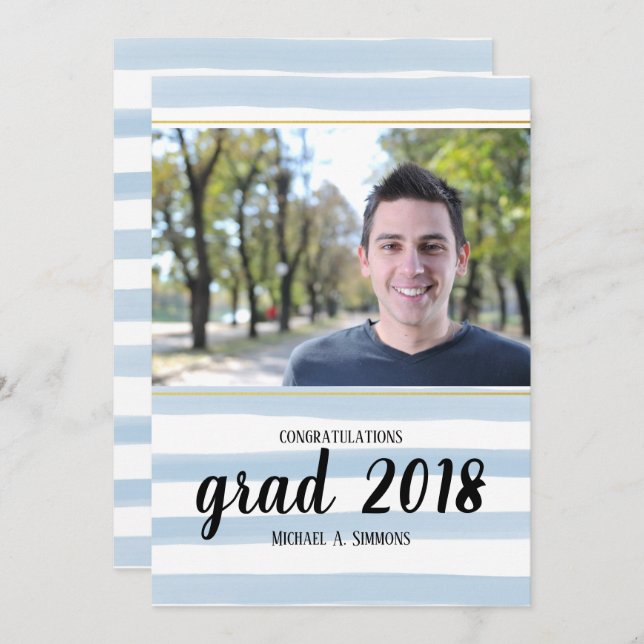 Modern Blue Striped GRAD Graduation Invitation (Front/Back)