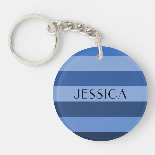 Modern Blue Striped Name Keychain (Front)