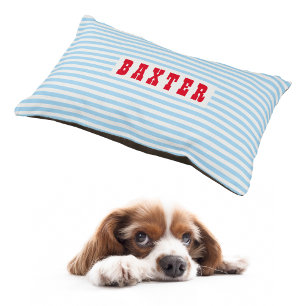 Modern Blue Striped Pattern Cat Dog Name Plush Pet Bed